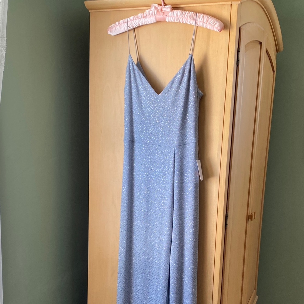 ✨NWT Elegant Gray/ Multi colored maxi dress w/ thigh high slit & spaghetti strap